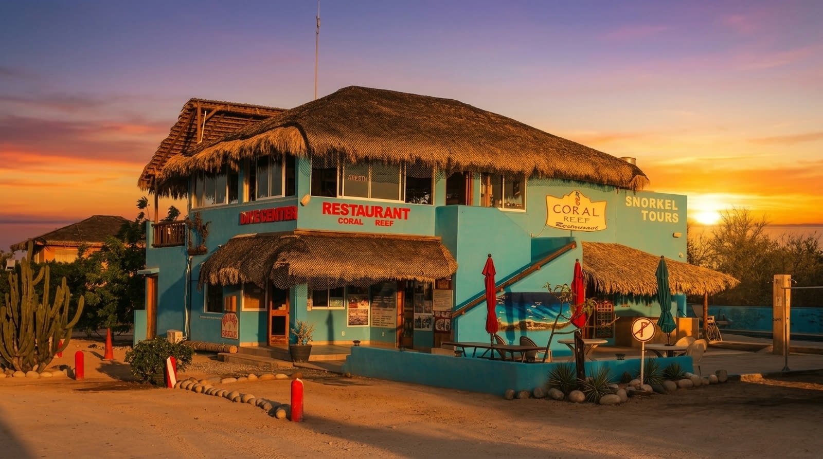 Cabo Pulmo Resort restaurant and bar at sunset